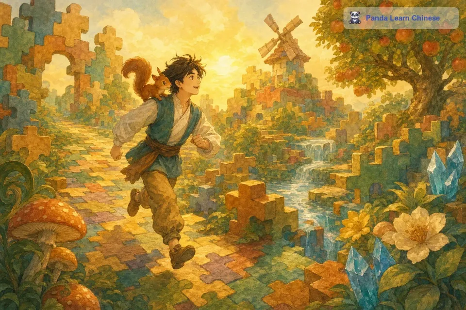 一只小松鼠跳到他的肩膀上，对他说：“欢迎来到拼图世界，这里充满了惊喜和挑战。托尼兴奋地和小松鼠一起在这个奇妙的世界里奔跑，他看到了很多在现实世界里从未见过的东西。
