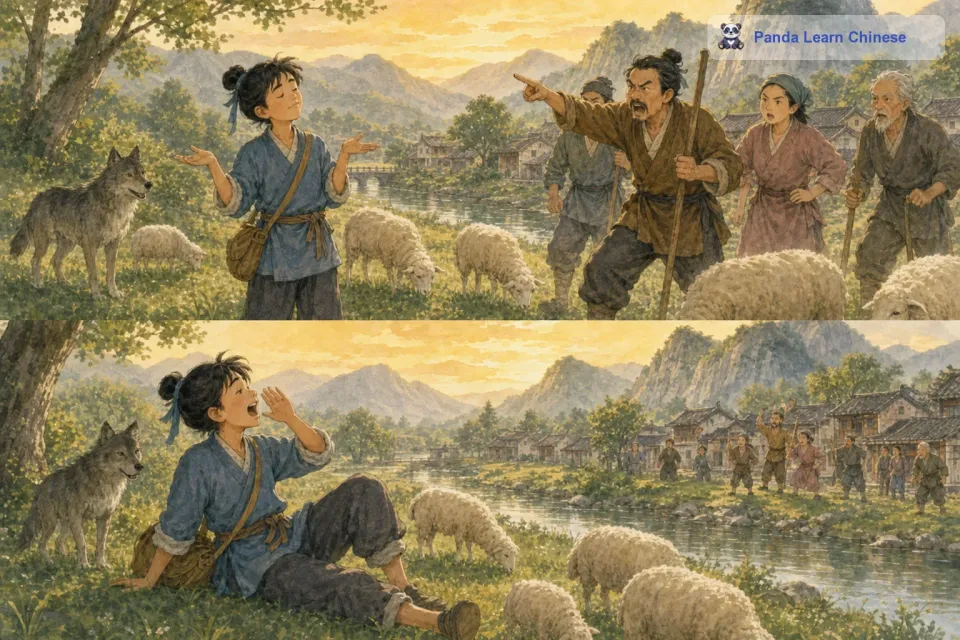 村民们很生气，纷纷指责牧童不应该撒谎。但是牧童并没有把村民们的话放在心上，他觉得这样捉弄大家很有趣。过了几天，牧童又觉得无聊了，他又一次大喊：“狼来了！