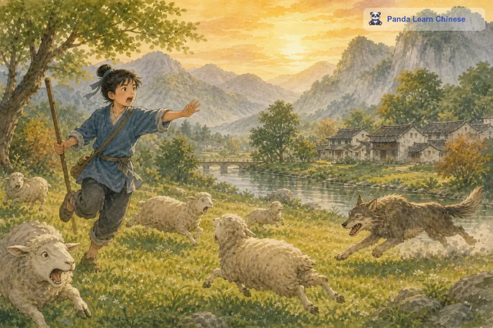 又过了一段时间，草原上真的来了狼。狼张着血盆大口，冲向羊群。牧童害怕极了，他拼命地大喊：“狼来了！