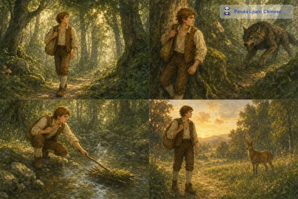 小伙子背上行囊就出发了。他走过了茂密的森林，森林里的树木又高又大，阳光只能透过树叶的缝隙洒下星星点点的光。有时候他会遇到一些可怕的野兽，但是他凭借着自己的智慧和勇气，巧妙地避开了它们。一路上他还遇到了一些善良的小动物，小动物们给他指引方向，告诉他哪里有可以喝的泉水，哪里有可以充饥的野果。