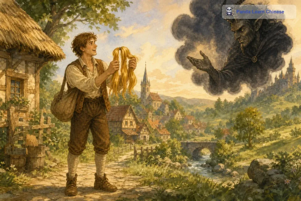 魔鬼看到小伙子完成了三个任务，虽然有些不情愿，但还是遵守承诺，给了小伙子三根金发。小伙子拿着三根金发，高兴得不知道说什么好。