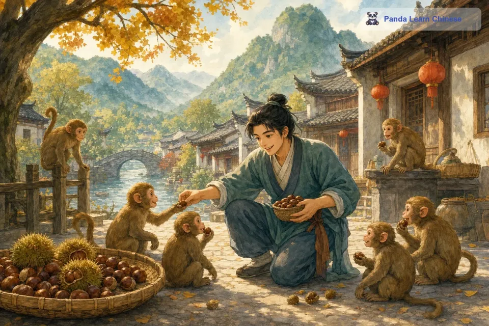 从前，有一个养猴子的人。他很喜欢这些猴子，每天都会给它们喂栗子吃。