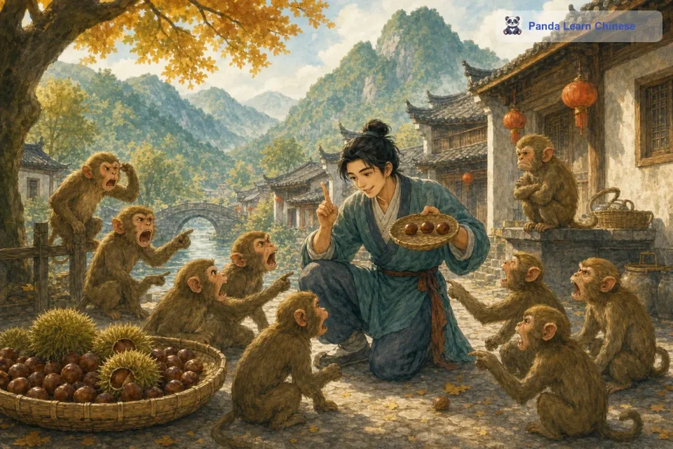 于是，他想了一个主意。他把猴子们召集到一起，对它们说：“从今天开始，我每天早上给你们三颗栗子，晚上给你们四颗栗子，这样好吗？猴子们一听，都很生气，它们觉得早上的栗子太少了，纷纷吵闹起来。