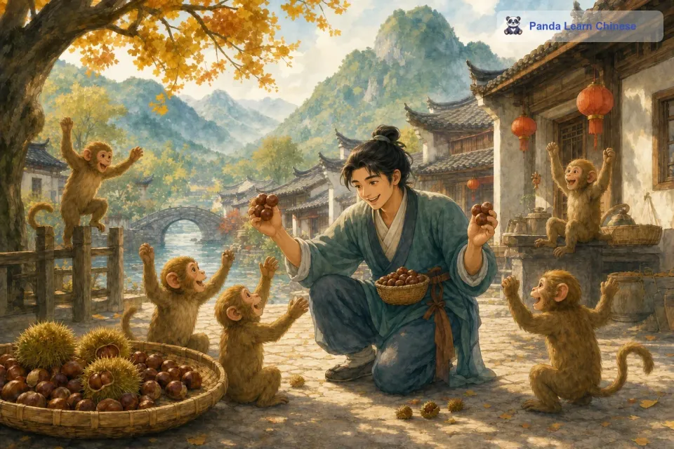养猴人看到猴子们不高兴，连忙改口说：“那这样吧，我每天早上给你们四颗栗子，晚上给你们三颗栗子，怎么样？猴子们一听，觉得早上的栗子变多了，都高兴地欢呼起来。