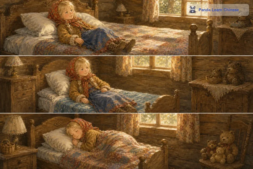小女孩觉得很不好意思，她看到房子里还有一个小房间，房间里有三张床。一张大床，一张中等大小的床和一张小床。她先到大床上去躺了躺，觉得太大太空旷了。然后她又到中等大小的床上试了试，还是觉得不太自在。最后她躺到小床上，小床软软的，非常舒服，小女孩很快就睡着了。