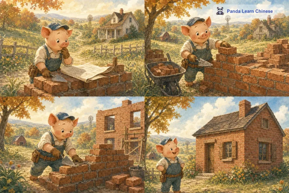 老三呢，他认真地思考了很久，然后说：“我要盖一座砖房子，虽然会很辛苦，但一定很安全。老三就一块一块地砌起了砖头，不管有多累，他都没有放弃。经过很长时间的努力，老三终于盖好了一座坚固的砖房子。