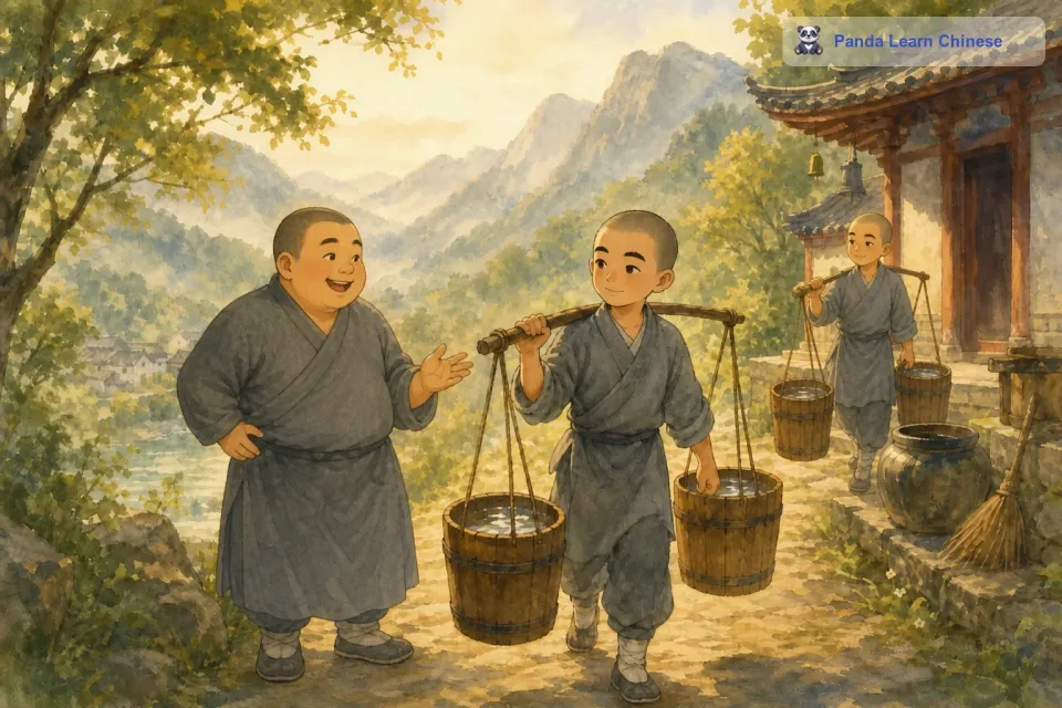 过了一段时间，寺庙里又来了一个胖和尚。胖和尚看到两个和尚在轮流挑水，就说：“你们两个人挑水太辛苦了，我来帮你们吧。可是，胖和尚只是说说而已，他从来没有去挑过水。