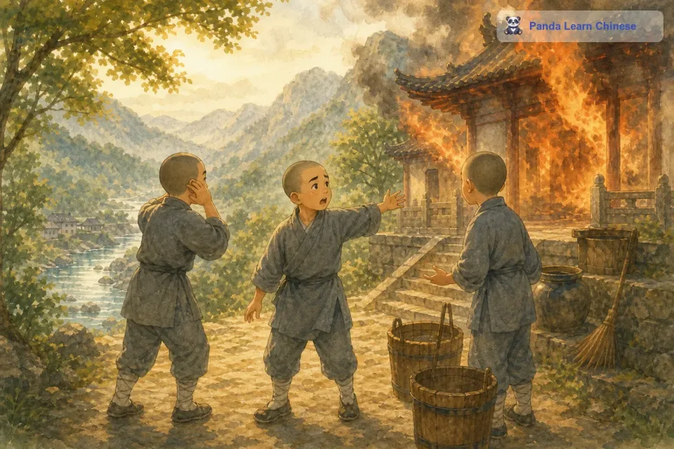 有一天，寺庙里突然着火了。三个和尚看到着火了，都非常着急。他们想要去打水灭火，可是水缸里没有水。他们这才意识到，之前因为互相推诿，没有水是多么危险的事情。于是，三个和尚不再计较，他们一起去山脚下挑水，然后齐心协力把火扑灭了。