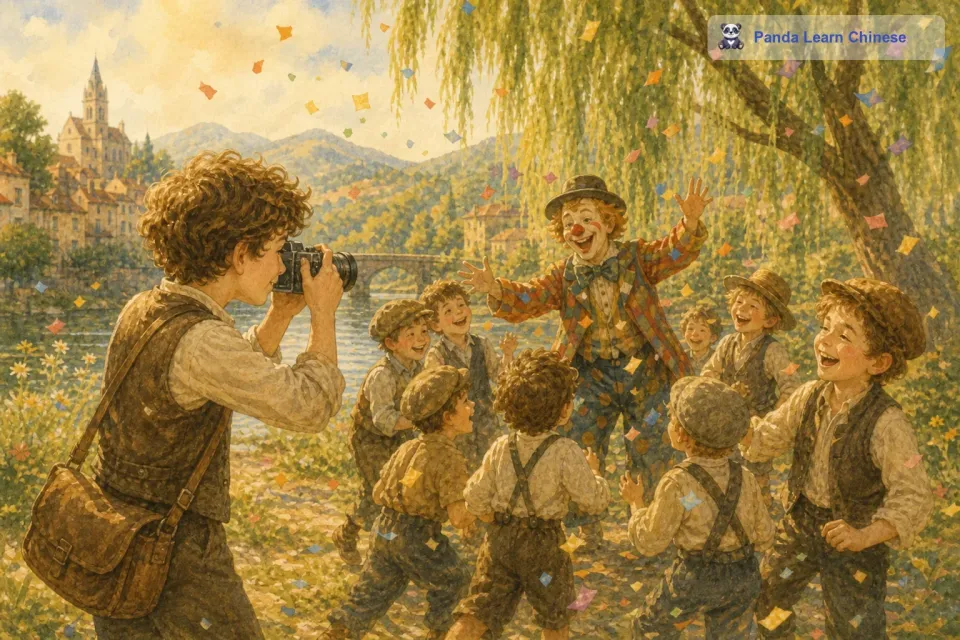 他看到一群孩子围着一个小丑在欢笑，便跑过去找好角度，拍下了孩子们纯真的笑容。天空中飘起了五彩的纸屑，卢卡又把这个充满欢乐氛围的画面收入了镜头。