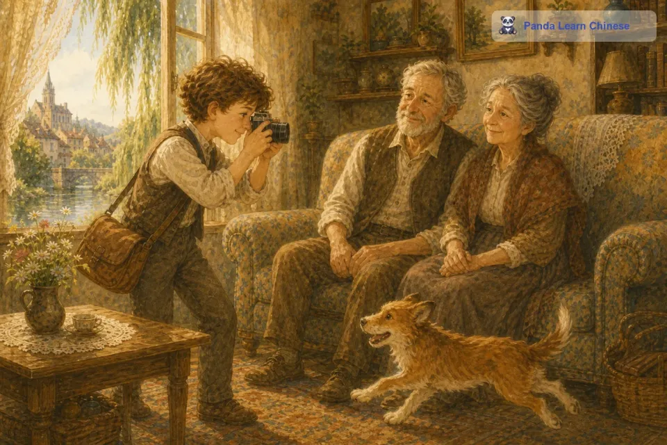 爷爷奶奶笑了，摆好姿势。这时，家里的小狗在屋子里跑来跑去，给这个画面增添了一份温馨的活力。卢卡按下快门，记录下了这充满爱的一刻。