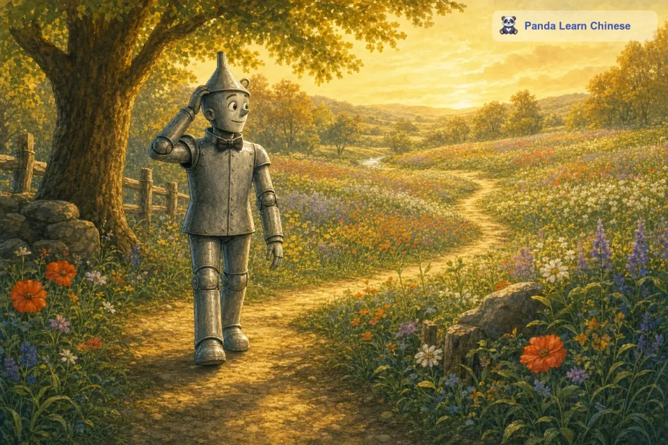 他的铁皮身体在阳光下闪烁着，他用自己那用铁皮做成的手摸了摸自己的头，思考着路上遇到的那些人和事给予他的建议。过了一会儿，他仿佛下定了决心，朝着花海的方向走去。他觉得美好的事物也许会给他带来关于心的启示。