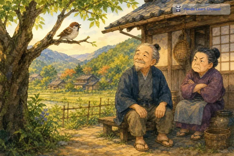 从前，在日本的一个小村子里，住着一对老夫妇。老爷爷是个善良温和的人，而他的老伴老太婆却十分恶毒。他们的房子后面有一棵大树，树上住着一只小麻雀。这只小麻雀非常可爱，每天都会唱歌给老爷爷听，老爷爷也很喜欢这只小麻雀，经常会喂它一些食物。