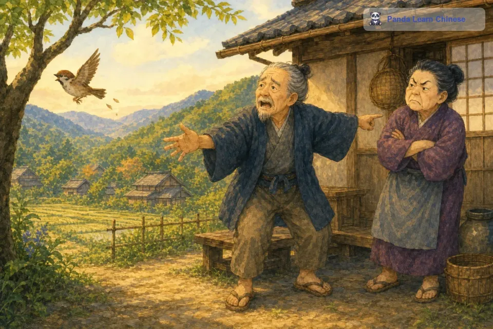 小麻雀疼得叽叽叫，然后飞走了。老爷爷非常伤心，他责备老太婆太残忍。