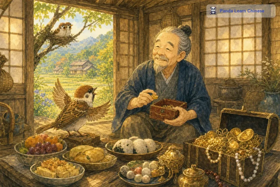 老爷爷顺着小麻雀留下的痕迹找到了小麻雀的家。小麻雀很热情地欢迎老爷爷，还准备了很多美食招待他。老爷爷很感动，但是他知道老太婆贪心的性格，就只拿了一点点财宝准备回家。可是老太婆不甘心，她自己跑到小麻雀的家里。