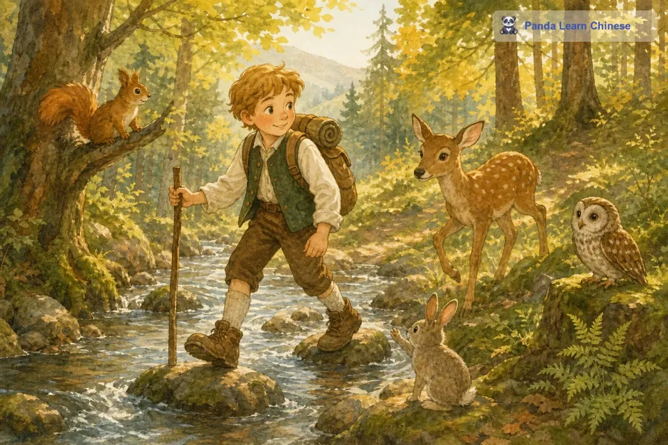 汉斯背着小小的行囊，穿过茂密的树林，跨过潺潺的溪流，一路上遇到了许多有趣的小动物。它们有的为他指路，有的给他分享森林里的果实。