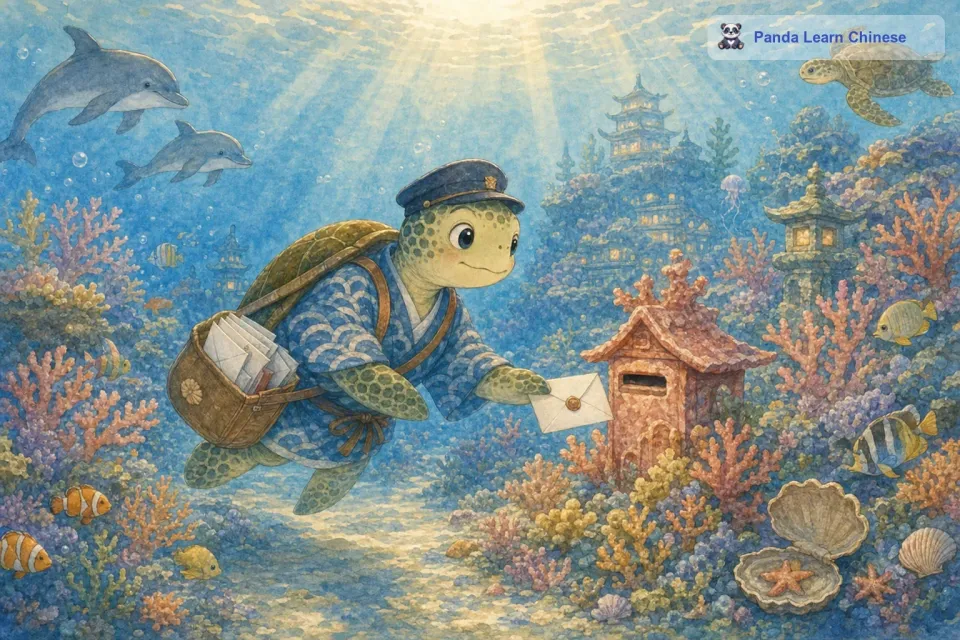 海龟邮差首先来到了一片美丽的珊瑚礁。这里的珊瑚五颜六色的，就像一座海底城堡。在珊瑚礁的一个角落里，有一个小小的珊瑚邮箱。