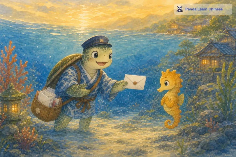 海龟邮差微笑着回答：“小海马呀，今天没有你的信呢，不过明天可能就有啦。小海马有点失落，但还是对海龟邮差说：“那邮差叔叔你要加油哦。