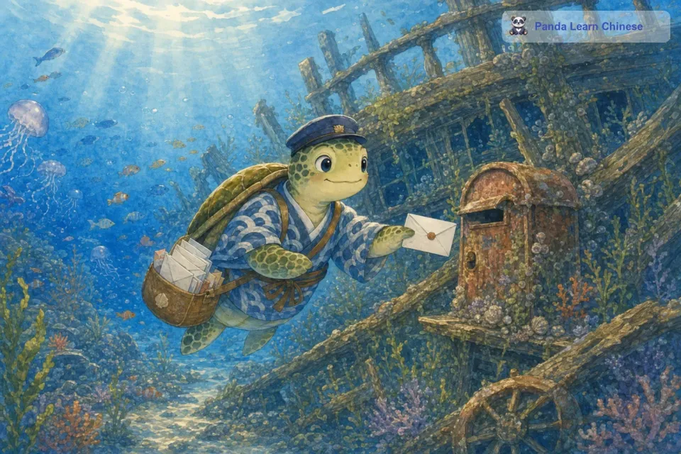 接着，海龟邮差游向了一艘沉船。这是一艘古老的沉船，上面长满了海草和贝壳。在沉船的一个角落里，有一个生锈的邮箱。