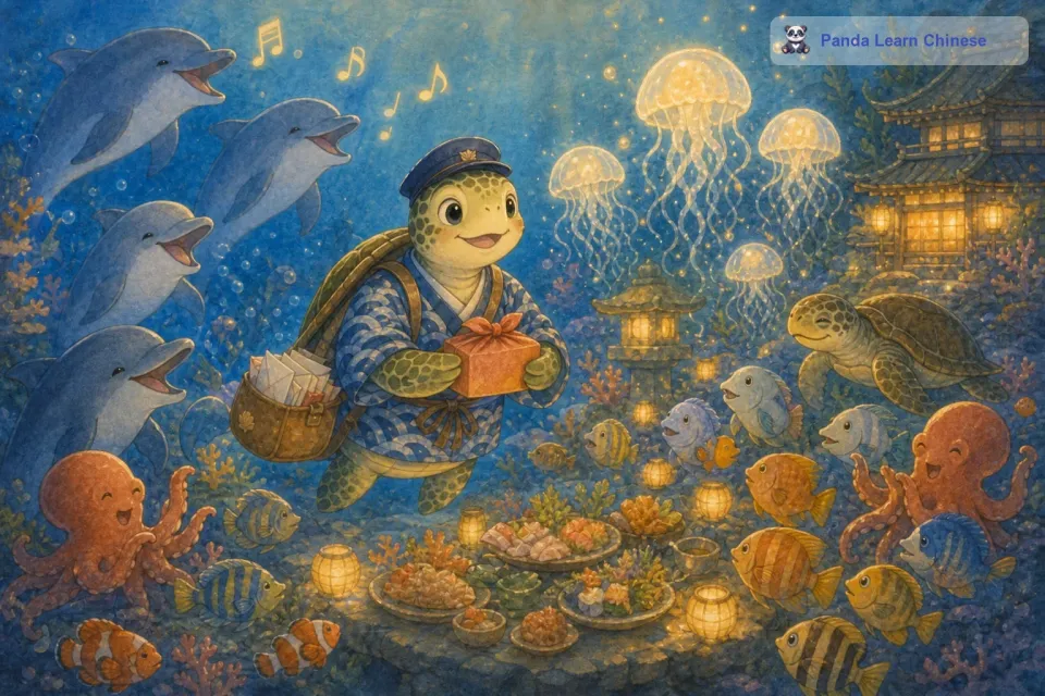 海龟邮差的努力和忠诚被大家看在眼里。有一次，在它送完信后，许多海洋生物聚集在一起。它们为海龟邮差举办了一个小小的感谢会。海豚们用美妙的声音唱歌，水母们用身体发出美丽的光。
