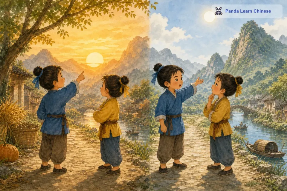 其中一个小孩说：“我觉得太阳刚升起来的时候离我们近，中午的时候离我们远。你看，太阳刚升起的时候像车盖一样大，到了中午就像盘子那么小了，这不就说明远的东西看起来小，近的东西看起来大嘛。