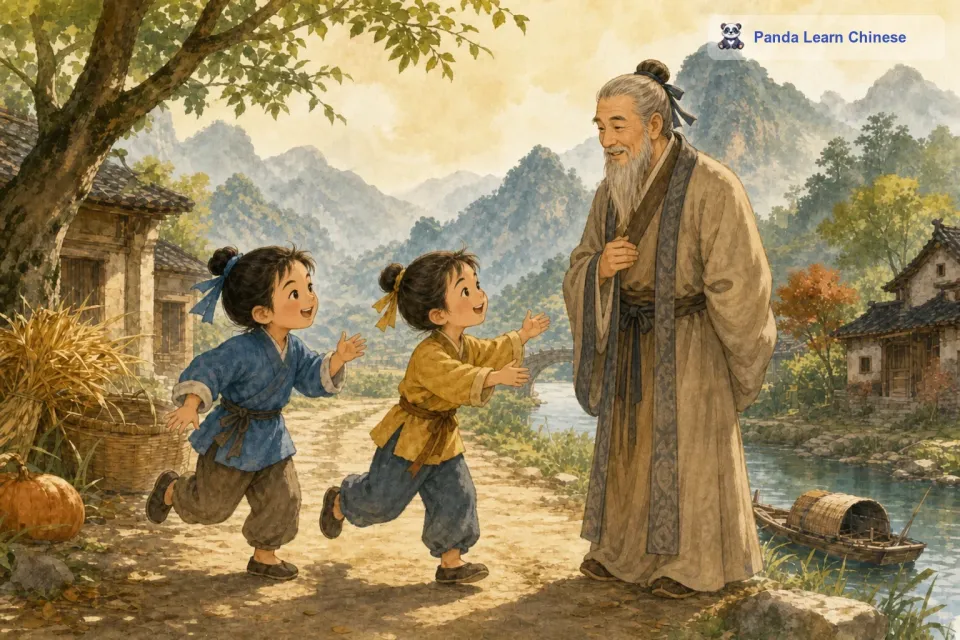 这时候，孔子正好路过这里。两个小孩看到孔子，就跑过去把他们的争论告诉了孔子，都期待着孔子能给出一个答案。