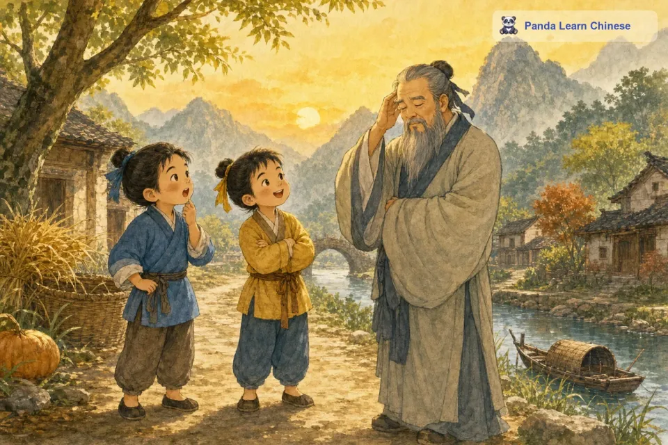 孔子听了他们的话，想了想，却摇摇头说：“这个问题我也回答不上来啊。两个小孩听了，有些惊讶，但又觉得很有趣，原来连孔子也有不知道的事情呢。