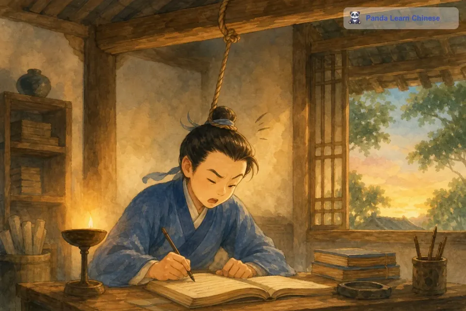 他找了一根绳子，一端牢牢地系在房梁上，另一端就系在自己的头发上。这样，每当他读书困了打瞌睡的时候，头一低，绳子就会猛地拽一下他的头发，疼痛会让他瞬间清醒过来，然后继续专心读书。