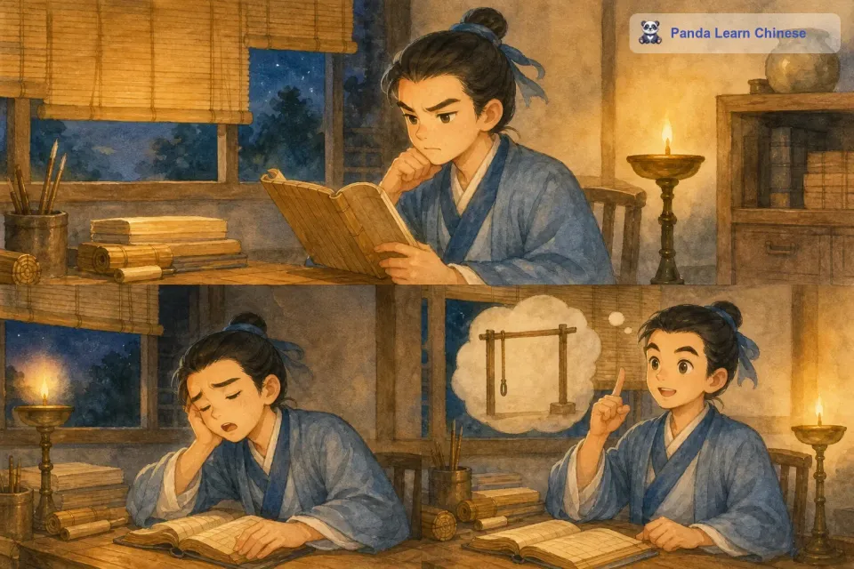 他认识到只有努力学习，提高自己的学问，才能够实现自己的理想。于是，苏秦开始刻苦读书。可是他也经常犯困，为了让自己不打瞌睡，他也想出了一个办法。