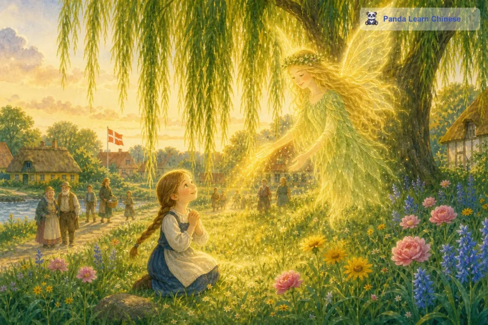 这太神奇了！精灵告诉艾丽，她可以许一个愿望。艾丽想了想，说：“我希望村庄里的人们都能健康快乐，村庄里的花草树木都能茁壮成长。精灵听了，挥动着她的小翅膀，一阵微风吹过，整个村庄仿佛被一层金色的光芒笼罩着。