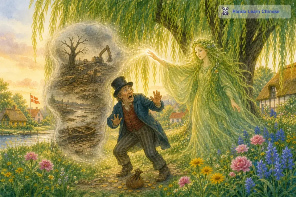 精灵施了一个魔法，让商人看到了一个可怕的景象：如果他继续破坏这里，他将会变得一无所有，而且会受到大自然的惩罚。商人被吓坏了，他决定离开村庄，并且再也不做这样的坏事了。