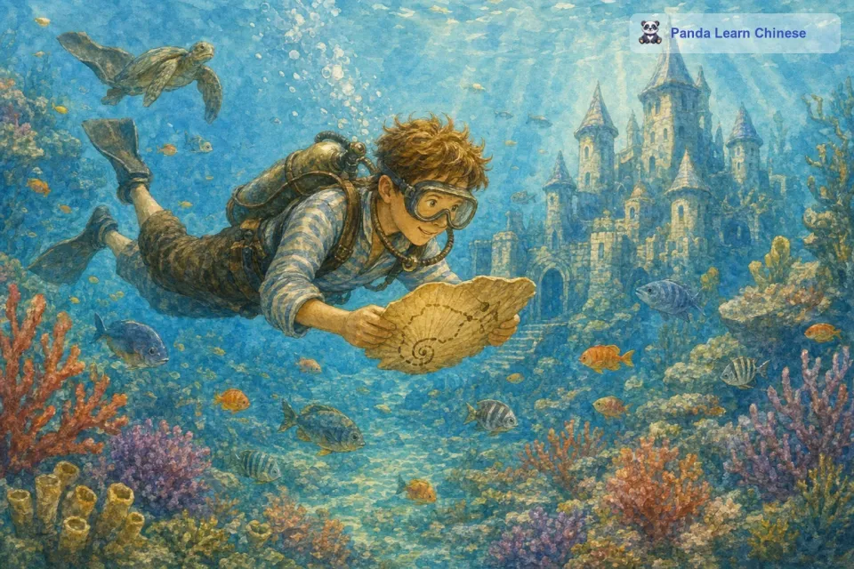 皮埃尔带上自己的潜水装备，顺着贝壳地图的指引，缓缓潜入海中。海水清澈而凉爽，各种各样的小鱼在他身边游过，五颜六色的珊瑚随着海流轻轻摇曳。
