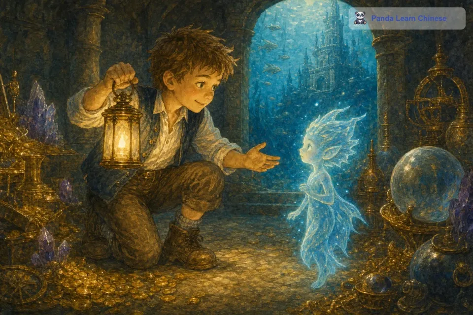 就在这时，一个小小的守护精灵出现在他面前。守护精灵浑身散发着柔和的蓝光，它看着皮埃尔，似乎在判断他是否是个友善的访客。皮埃尔微笑着向精灵打招呼，精灵感受到了他的善意，开始向他讲述城堡的来历。原来这座城堡是很久很久以前，海洋女神为了保护海洋的秘密而建造的。