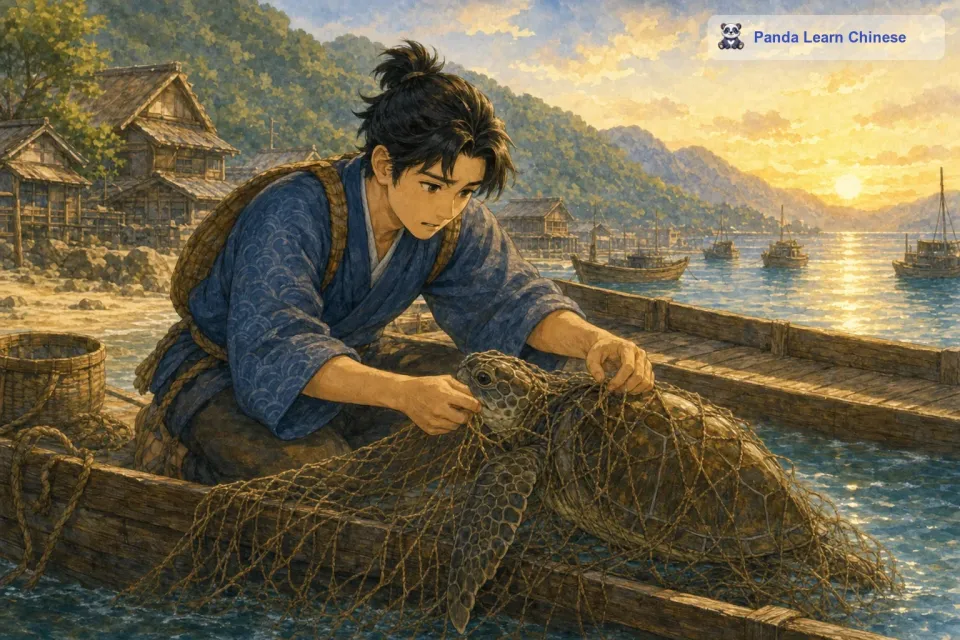 有一天，浦岛太郎像往常一样出海捕鱼。突然，他发现海面上有东西在挣扎，走近一看，原来是一只乌龟被一张渔网缠住了。乌龟的眼睛里充满了恐惧和无助，浦岛太郎看到这一幕，心中十分不忍。他小心翼翼地把乌龟从渔网里解救出来，还轻轻地抚摸着乌龟的壳，对它说：“小海龟呀，以后要小心点儿哦。然后把乌龟放回了大海。