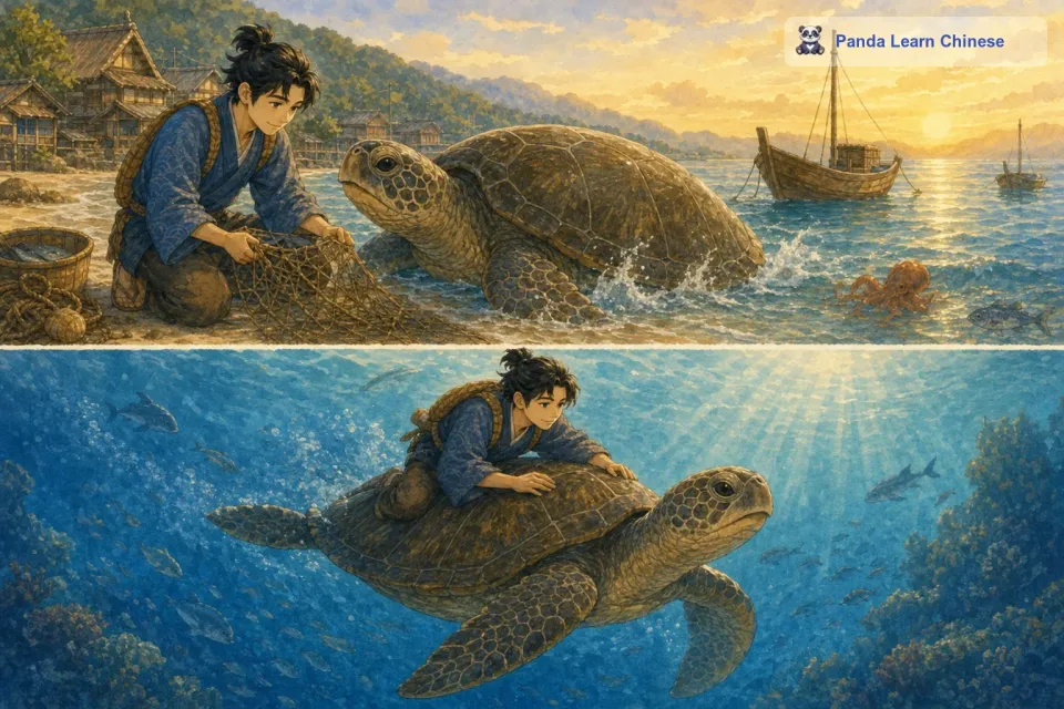 过了几天，浦岛太郎正在海边修补渔网的时候，那只被他救过的乌龟突然出现在他的面前。乌龟对浦岛太郎说：“浦岛太郎，你是个善良的人，为了报答你的救命之恩，我想带你去一个美丽的地方。浦岛太郎十分好奇，就跟着乌龟走了。乌龟带着浦岛太郎来到海边，浦岛太郎惊讶地发现乌龟的身体变得巨大无比。乌龟让浦岛太郎坐在它的背上，然后缓缓地向大海深处游去。浦岛太郎既兴奋又有些害怕，但他信任这只乌龟，于是紧紧地抓住乌龟的壳。
