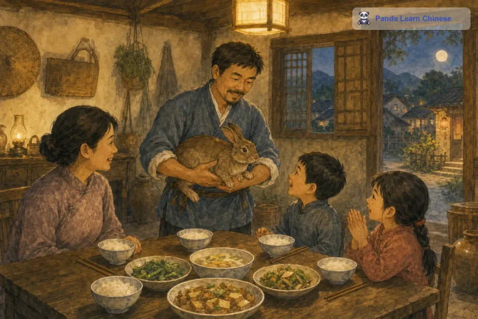 于是，农夫把兔子捡起来，带回了家。那天晚上，他和家人美美地吃了一顿兔肉。