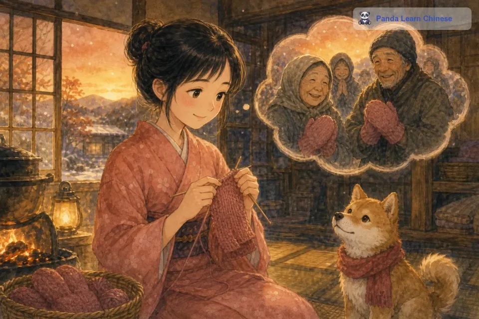 她一边编织，一边想象着那些收到手套的人脸上会露出开心的笑容。虽然编织的过程有些辛苦，但是美惠的心里充满了希望和爱。