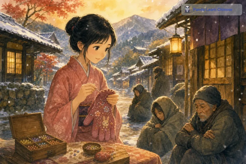 美惠编织好了手套的基本形状后，还觉得不够。她从自己的小盒子里找出了一些漂亮的小珠子，想要把这些手套装饰得更特别。她一颗一颗地把珠子缝到手套上，有的缝成了小花的形状，有的缝成了可爱的小动物形状。这些装饰让手套看起来更加精美，就像充满了魔法一样。