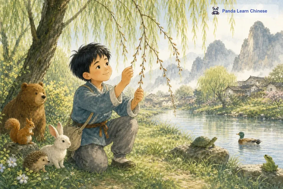 小明来到了河边，他看到河边的柳树。柳树的枝条已经变得柔软起来，不再像冬天那样僵硬。他走近柳树，仔细地看着那些褐色的枝条，发现上面有一些小小的、鼓鼓的芽苞，就像一个个沉睡的小生命在等待着被唤醒。