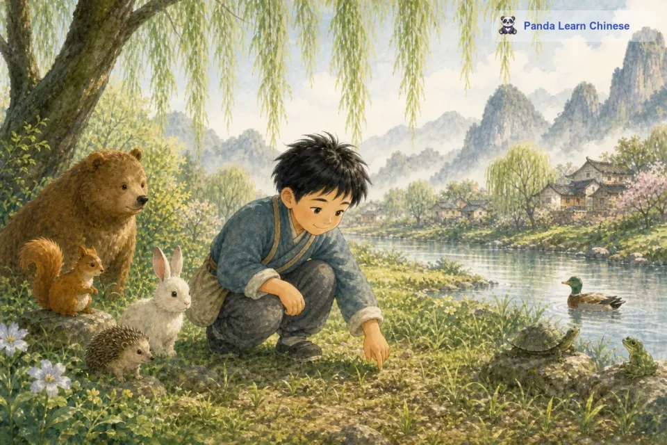 接着，小明来到了一片草地上。他发现草地不再是枯黄的颜色，有一些嫩绿的小草已经偷偷地从土里钻了出来。他蹲下身子，在草丛里仔细地寻找着。
