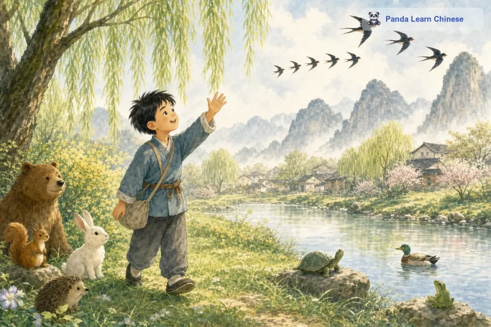 小燕子们在天空中欢快地飞翔着，一会儿排成一字形，一会儿排成人字形。小明高兴地向小燕子们挥手，他知道，小燕子是春天的使者，它们的到来意味着春天真的来了。