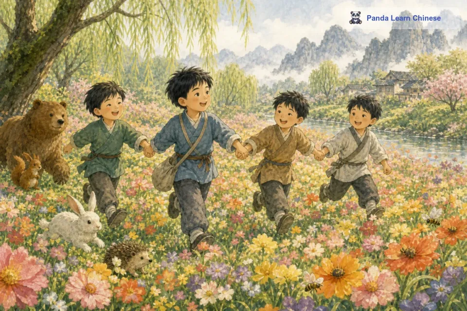 小明跑回家，把这个好消息告诉了他的小伙伴们。于是，小伙伴们一起手拉手来到了一个开满鲜花的地方。那里有红的花、粉的花、黄的花，各种各样的花朵像一片彩色的海洋。蜜蜂在花丛中忙碌地采着蜜，小伙伴们在花海里奔跑、嬉戏，他们高兴地欢呼着：“春天在这里，春天在这里！
