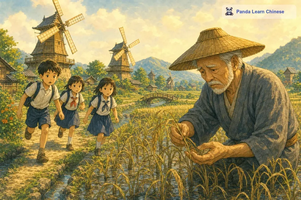 太郎爷爷看着稻田里那些因为缺乏打理而开始枯萎的稻苗，脸上满是忧愁。他知道，如果再不做点什么，今年的收成可就没了。就在这时，村里的几个孩子路过，他们看到爷爷发愁的样子，就跑过来问发生了什么事。
