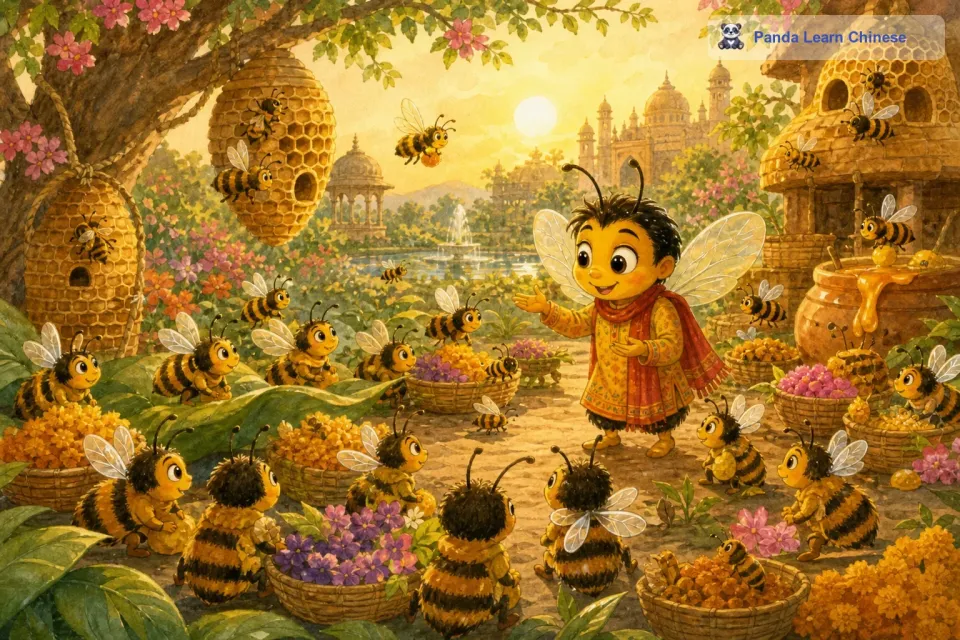 这个故事在印度的小蜜蜂群体里代代相传，每一只小蜜蜂都知道勤劳和合作的重要性，它们都像嗡嗡一样，努力让自己的蜂巢充满幸福和甜蜜。
