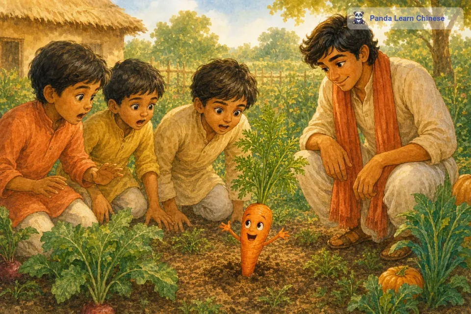 这时候，胡萝卜突然说话了：“小朋友们，不要拔我呀。孩子们吓了一跳，但是很快就好奇地围了过来。