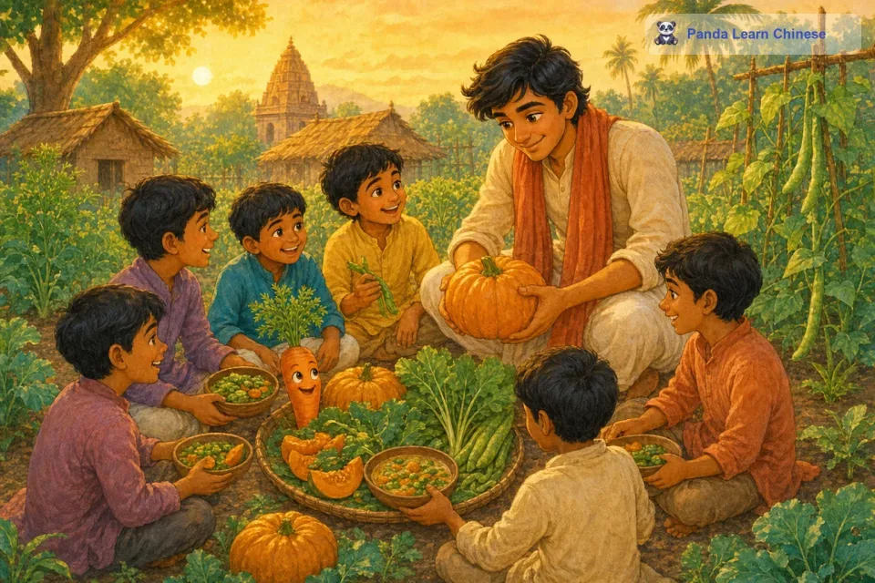 于是，孩子们开始在菜园里忙碌起来。他们小心地摘下一些豆角、青菜，还把南瓜也搬了出来。他们把这些蔬菜放在一起，然后邀请村子里其他的小伙伴们一起来分享。大家坐在菜园里，吃着新鲜的蔬菜，欢声笑语回荡在整个菜园。从那以后，孩子们学会了分享，而那根智慧的胡萝卜，也成为了他们的好朋友，一直守护着这个充满欢乐和分享的菜园。