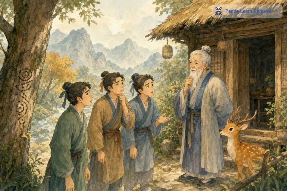 有一天，几个年轻人满脸困惑地来到老人的小屋前。他们在村子附近的森林里发现了一个奇怪的现象，一些树木的树干上有着奇怪的标记，但是谁也不知道这是怎么回事。