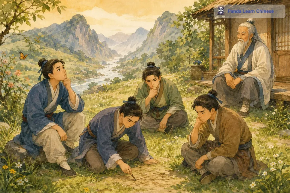 年轻人们开始认真思考这个谜语。他们坐在智慧老人小屋前的草地上，眉头紧皱。有的年轻人托着下巴，眼睛望着天空，有的在地上画着什么。