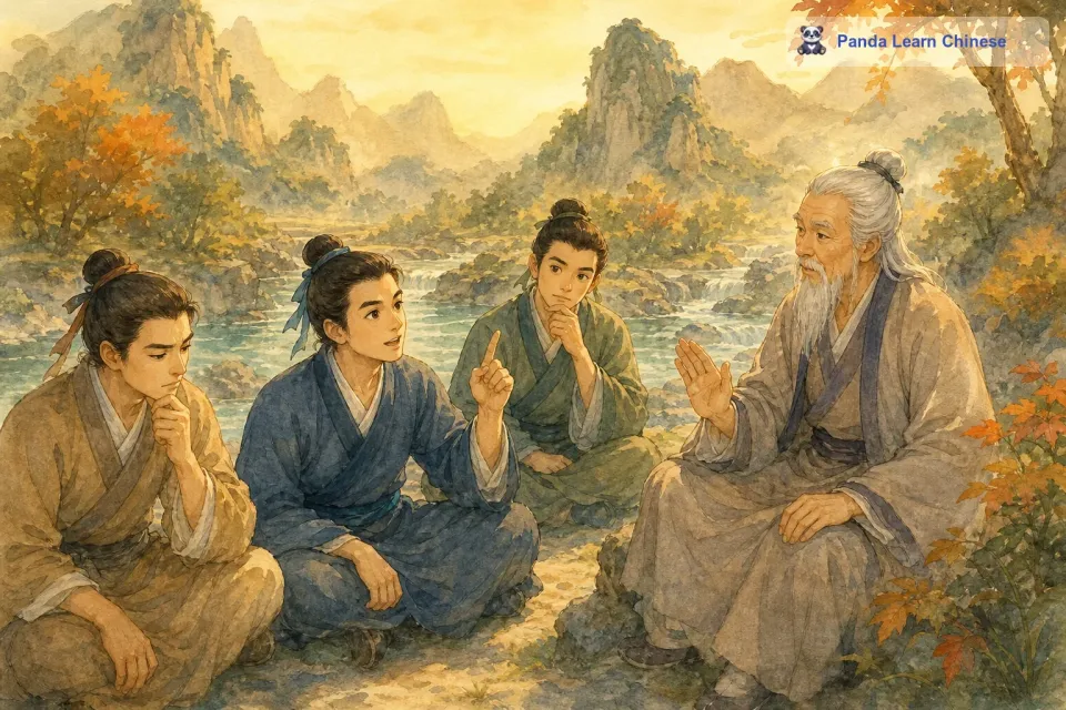 年轻人们又陷入了沉思。过了一会儿，另一个年轻人说：“那这个东西会不会是水呢？水可以流淌穿过狭窄的缝隙，汇聚起来也能填满宽阔的地方。智慧老人还是摇了摇头，说：“水虽然可以做到这些，但是它的流淌速度可不算快，并不像能跑一样。