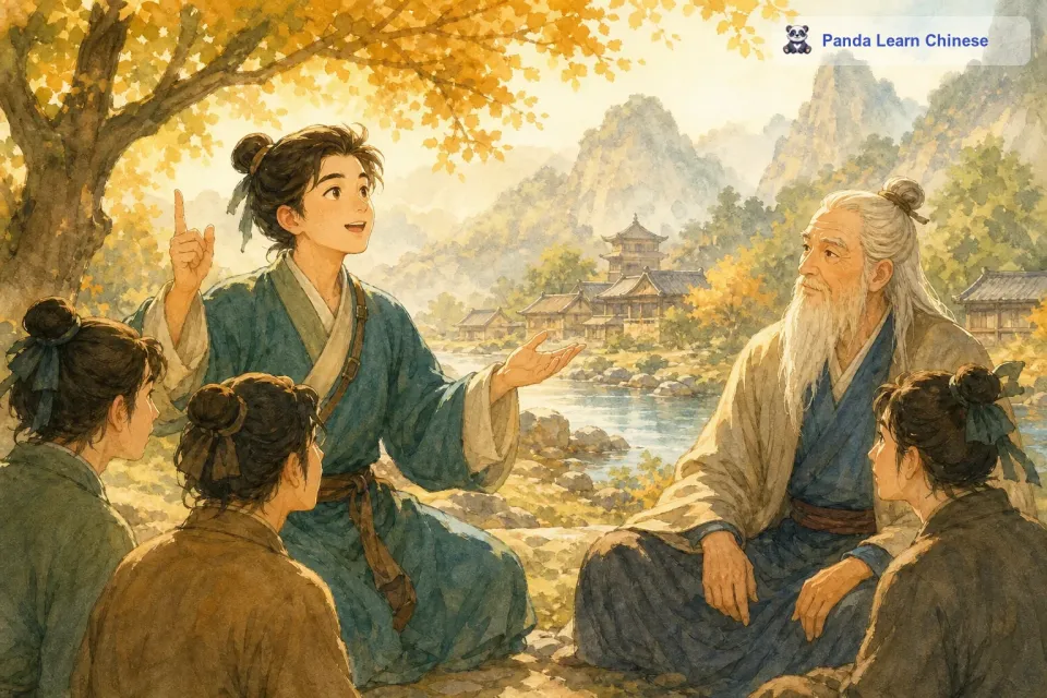 这时候，最年轻的那个小伙子突然眼睛一亮，他大声说：“我知道了，这个东西是时间！时间没有脚却不停歇地向前跑，没有翅膀却飞快地流逝，它能悄无声息地穿过任何缝隙，也能在漫长的岁月里填满整个世界。智慧老人听了，脸上露出了欣慰的笑容，他说：“没错，就是时间。那现在你们再去看看那些树干上的标记，想一想和时间有什么关系呢？