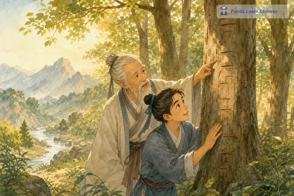 年轻人们又跑到森林里去观察那些标记。他们发现这些标记是以前的村民为了记录树木的生长年份而刻下的，随着时间的推移，树木慢慢长大，标记也越来越高。这就像时间在树木身上留下的足迹一样。